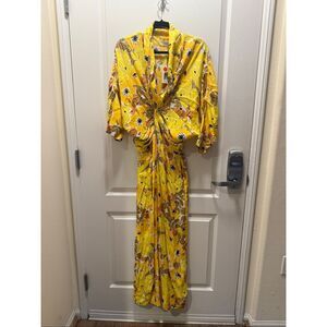 S/W/F Twist Front Plunge Midi Dress Summer Poolside Dress In Yellow Floral Weddi